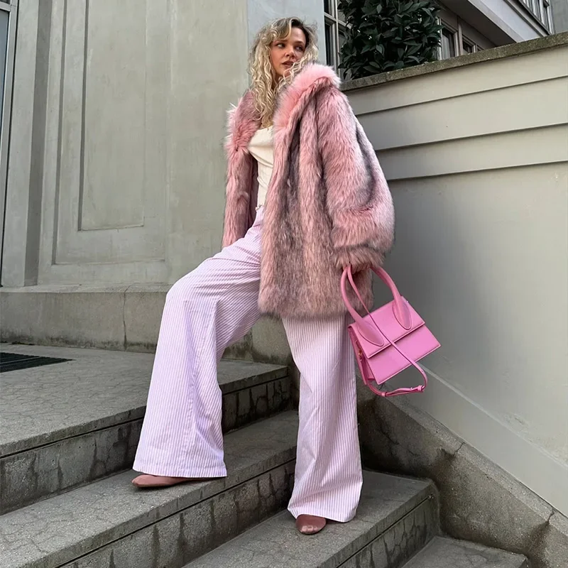 Winter Faux Fur Long Coat For Women Fashion Full Sleeve Fur Collar Oversize Female Jacket New Elegant Thick Warm Outwear