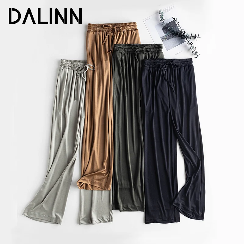 Woman Wide Leg Pants Elastic Waisted Casual Style Acetate Cool Long Trousers 2023 Spring Summer Chic Bottoms Black Khaki DALINN 2023 new spring summer autumn casual slim chiffon thin pants for women high waist black khaki green pants woman trousers