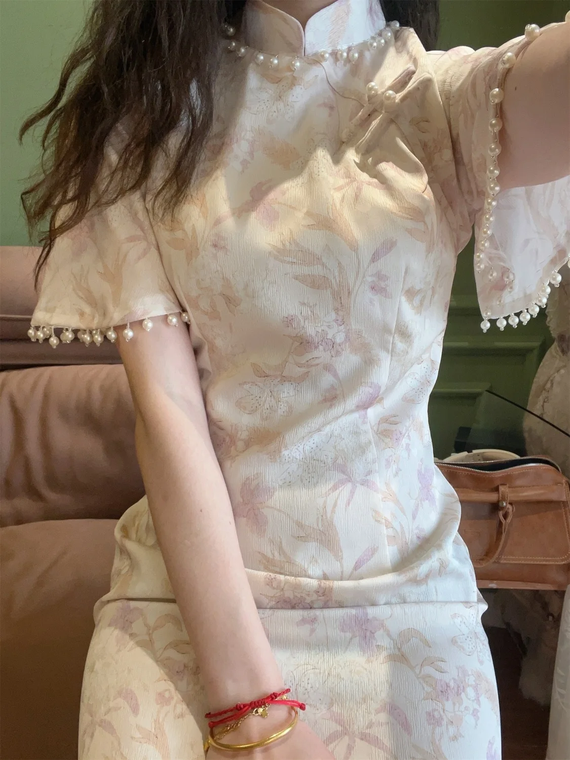 

2023 chinese spring new chinese retro long-sleeved elegant pink improved cheongsam dress lace sexy women modern qipao dress