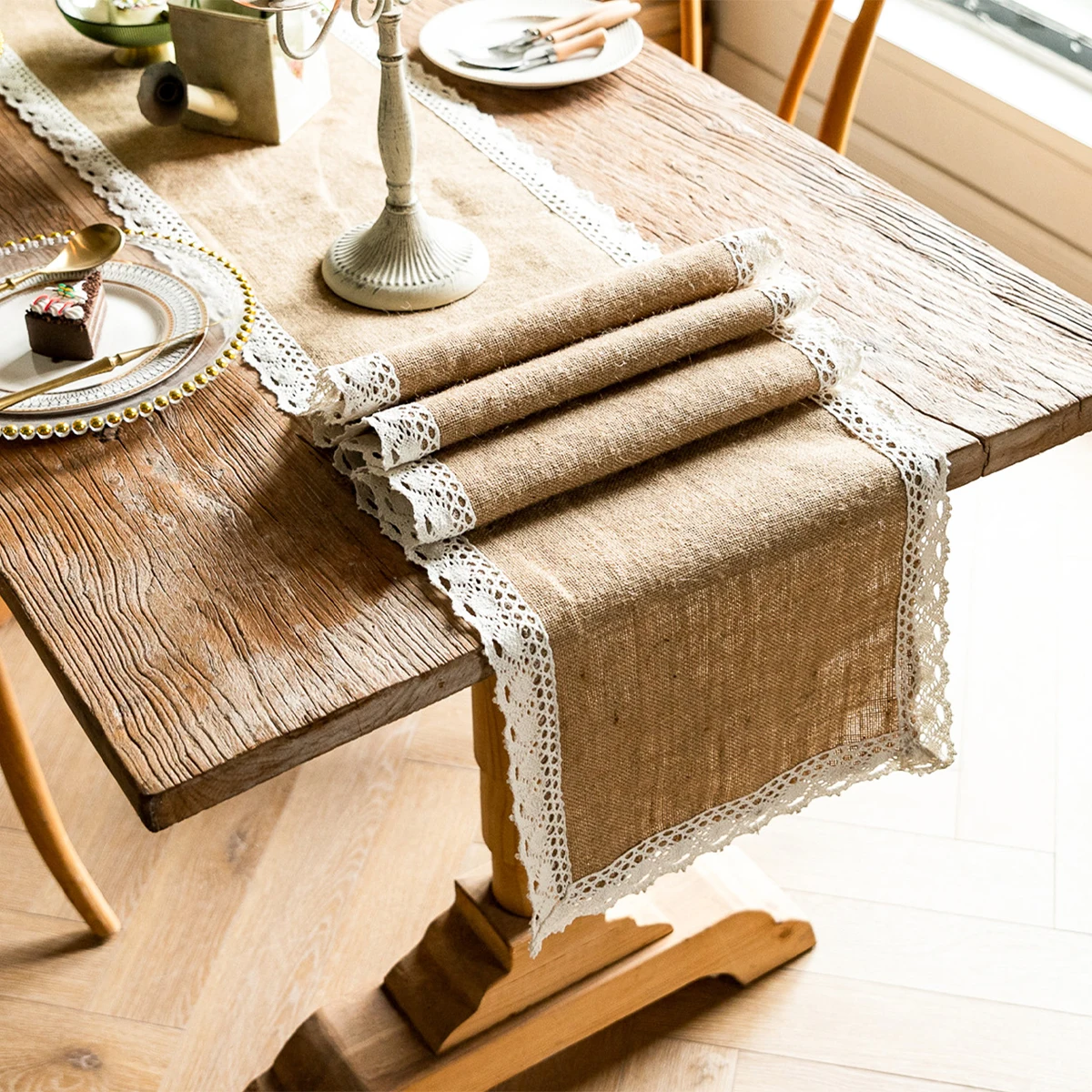 

Jute Table Runner Vintage Lace Burlap Table Cloth Rustic Country Wedding Birthday Party Decor Natural Linen Hessian Tablerunner