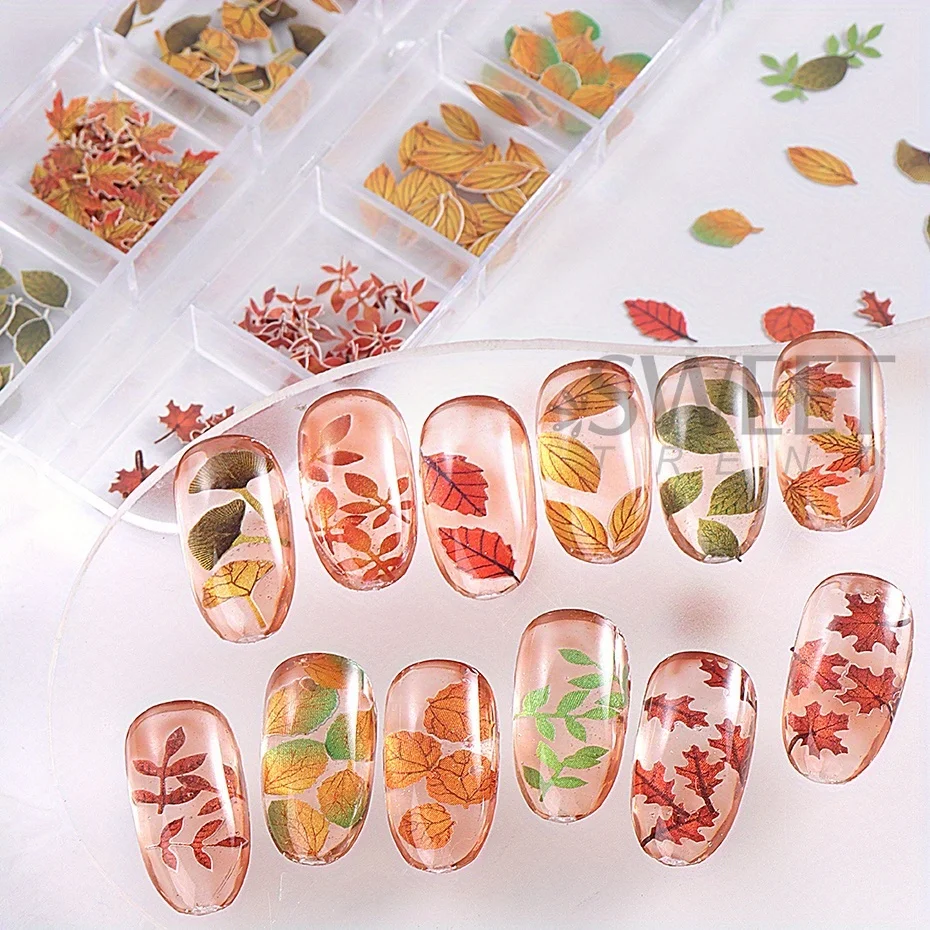 12 Grids Autumn Faux Maple Leaves Nail Sequins Set Simulated Fall Leaf Flakes Design Decor DIY Charm Manicure Accessories Slices