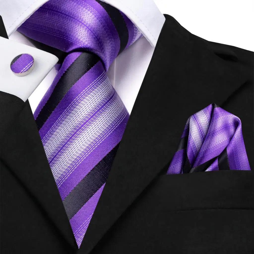 Lila Schwarz Gestreifte Seide Hochzeit Krawatte Für Männer Einstecktuch Manschettenknopf Geschenk Männer Krawatte Mode Business Party Dropship Hallo-krawatte Designer – Detail 7