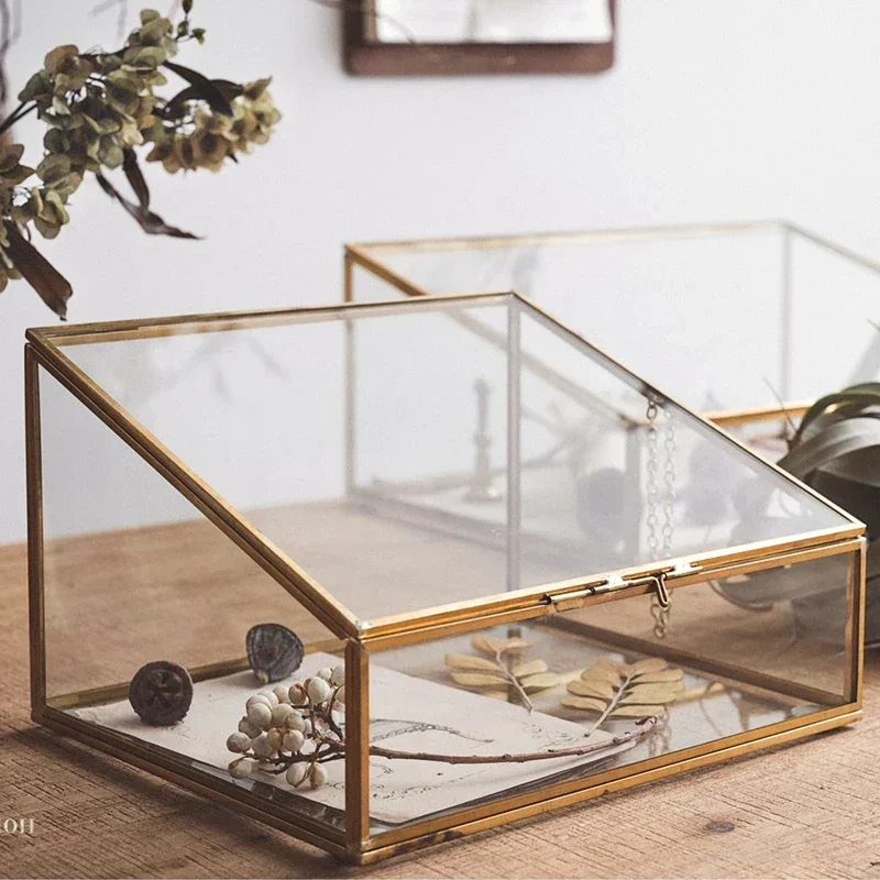 Glass and Brass Jewelry Box, Vintage, Copper-Edged, Transparent Organizer, Storage Case with Lock for Elegant Display 4