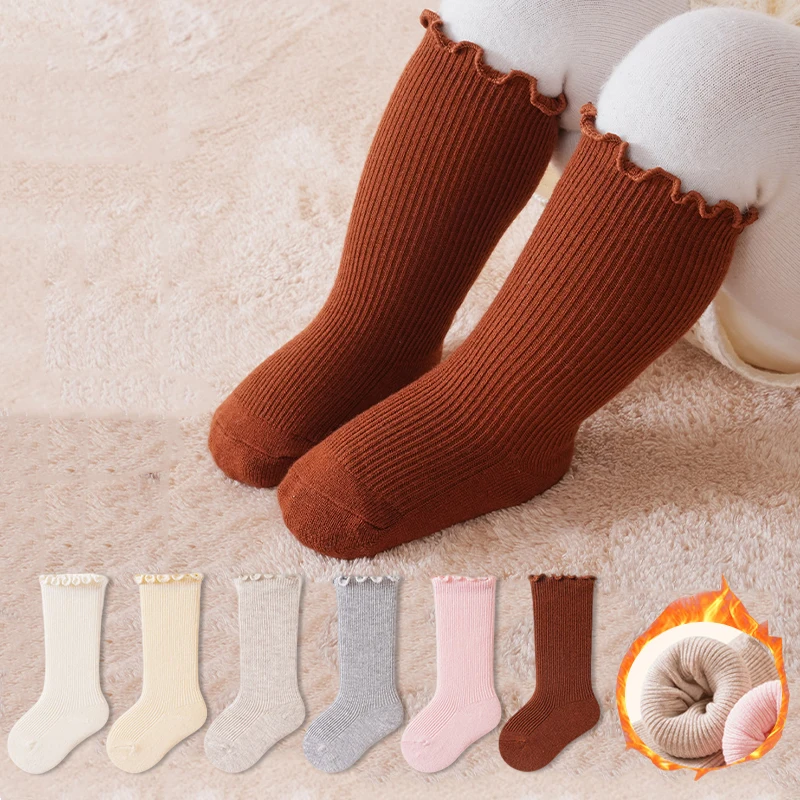 3/6 Pairs Ruffle Knee High Baby Girls Socks Winter Thick Thermal Long Girls Socks Soft Warm Solid Color Infant Socks For Toddler