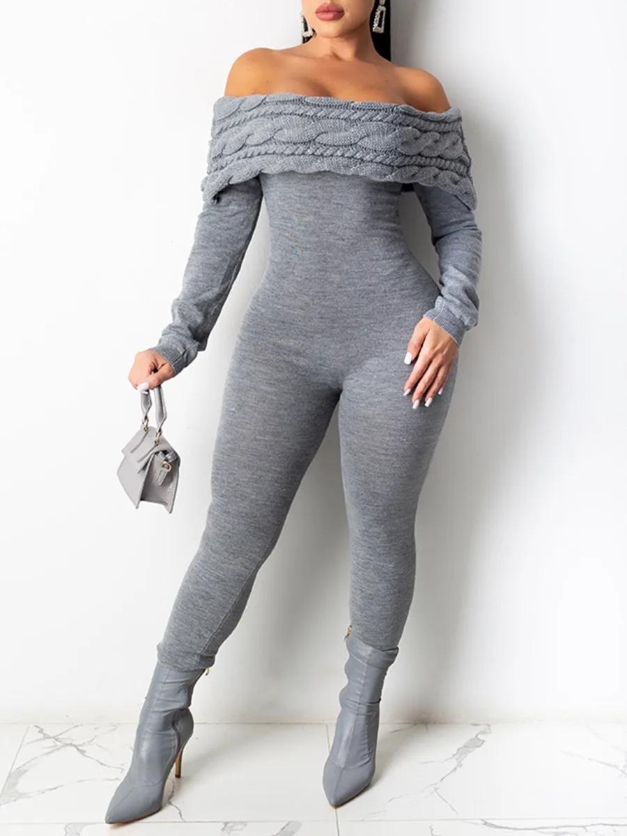 LW Bandeau Neck Grey Jumpsuits Casual Fold-over Bodysuits Solid Backless Off The Shoulder Skinny Jumpsuits Plain Long Pants