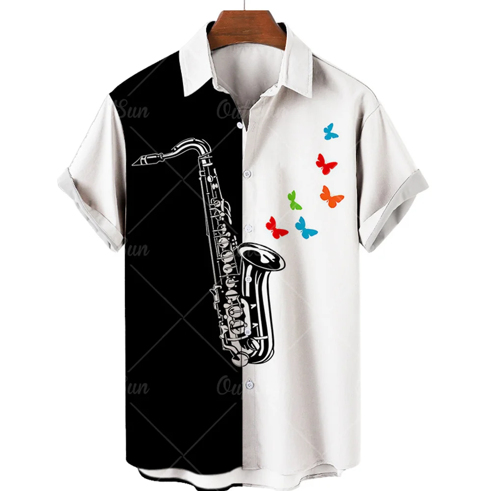 Black and White Music Graphic Summer Men and Women Shirts High Quality Hawaiian Casual Beach Shirts Lapel Single Button Tops 5XL