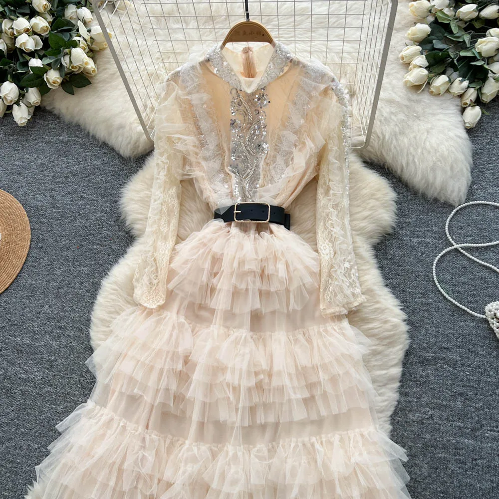 Elegant Embroidered Sequins Long Dresses Autumn Women Layer Ruffles Cake Full Sleeve Evening Party Vestidos Mesh Tulle Long Robe