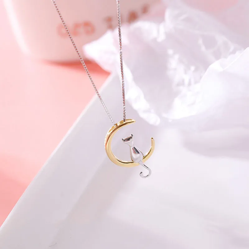 Pendant Necklace Silver Necklace Silver Pendant Silver Necklace Charms 925 Sterling Silver Moon Cat for Women Girl