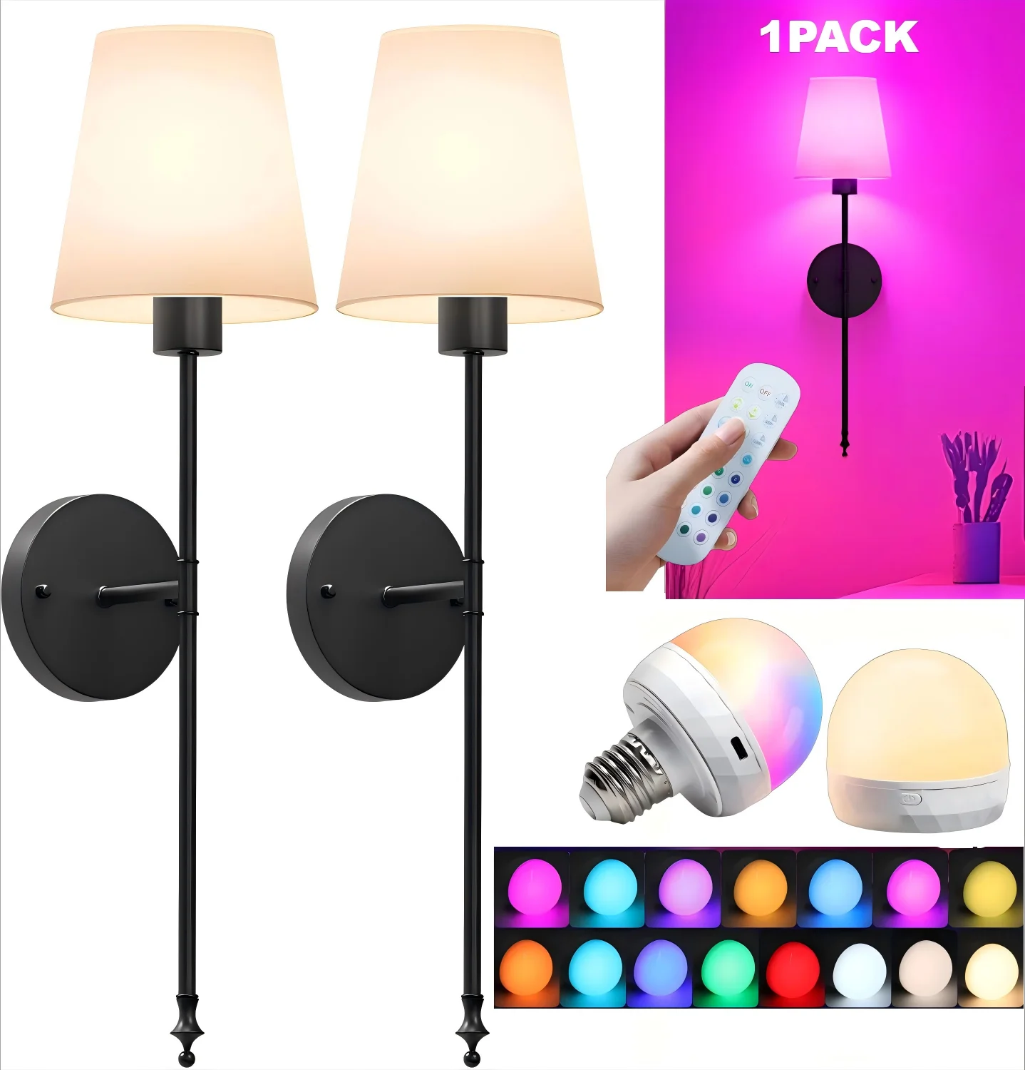 ชุดโคมไฟติดผนังแบบใช้แบตเตอรี่ 1 ชิ้น ไฟติดผนังไร้สายพร้อมหลอดไฟแบบชาร์จได้และรีโมท 12 สีให้เลือกและปรับความสว่างได้ 1