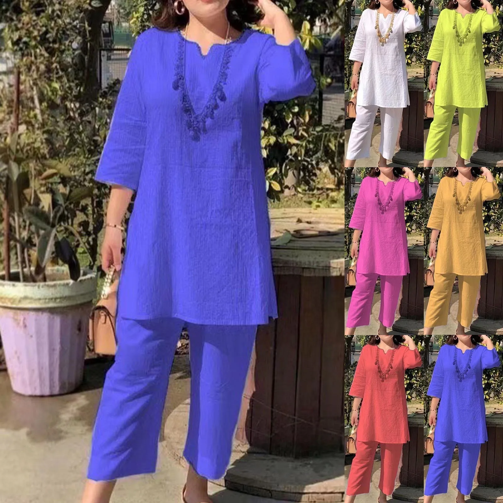 Summer Trousers Suits Matching Sets Short Sleeve Blouse Wide Leg Pants Sets main image 1