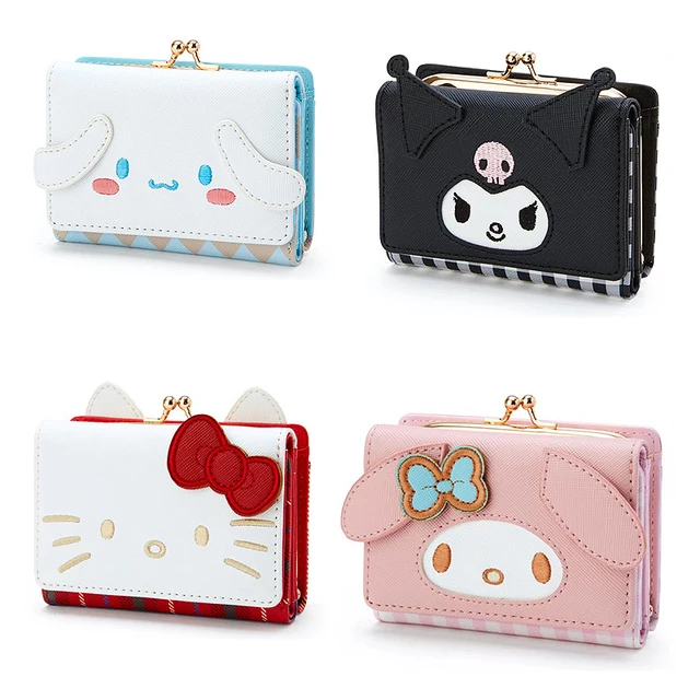 Sanrio Hello Kitty Bag Kawaii Cinnamon My Melody Kuromi Casual Fashion PU Leather Wallet Cute Folding Card Bags Birthday Gifts