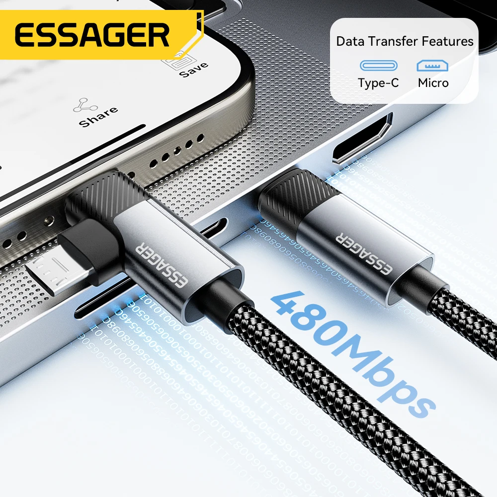 Essager 2 in 1 USB C Cable 65W PD Fast Charging Type C/USB A To Micro Cable For iPhone Samsung Xiaomi Huawei Redmi iPad Macbook