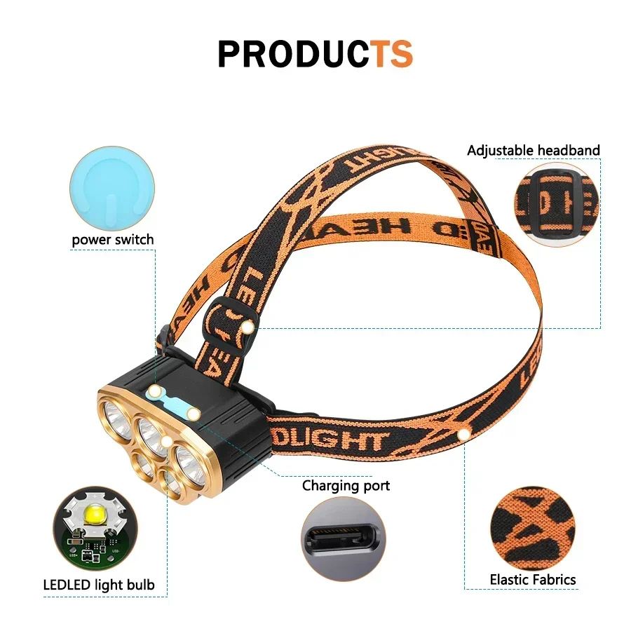강력한 5 LED 헤드램프, USB 충전식 헤드램프, 낚시 헤드 손전등, 방수 사냥 캠핑 야외 달리기 하이킹 조명