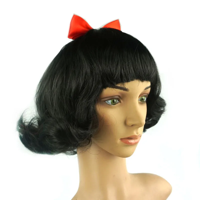 Cosplay Accessories Hair Accessories Cute Girls Snow White Dress Up Wig Girls Princess Cosplay Short Hair Black Curly Hair Wig with Red Bow Kids Role Play Props