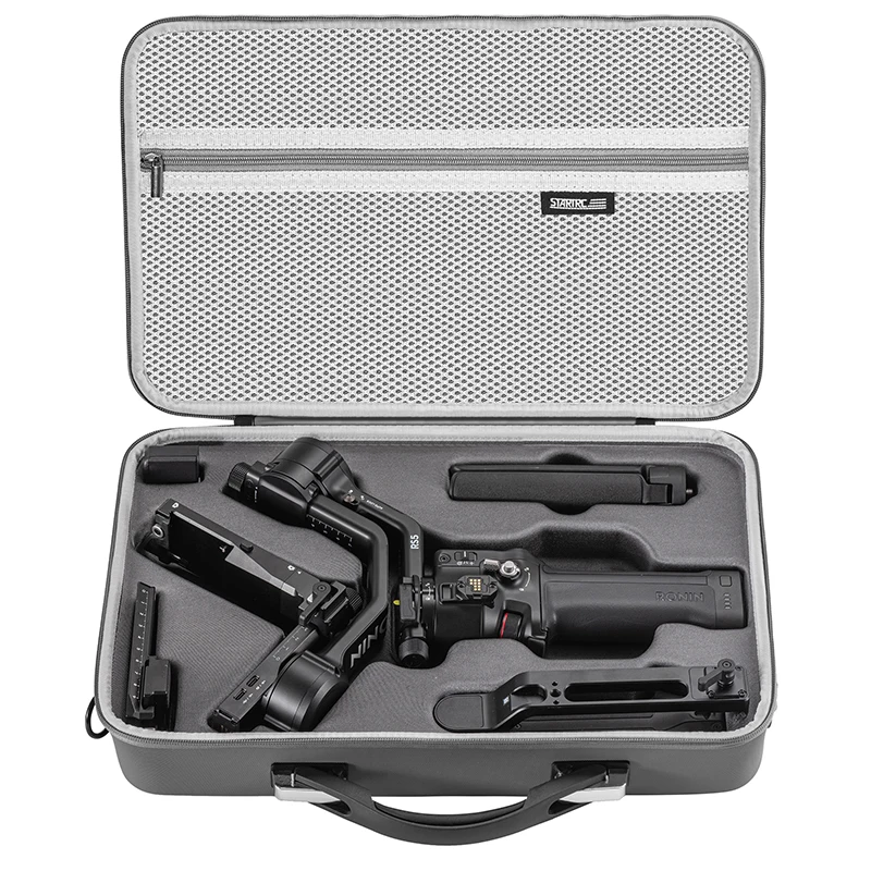 Vue latérale de l'étui de transport PU pour DJI RS5, avec poche avant zippée et poignée de transport.