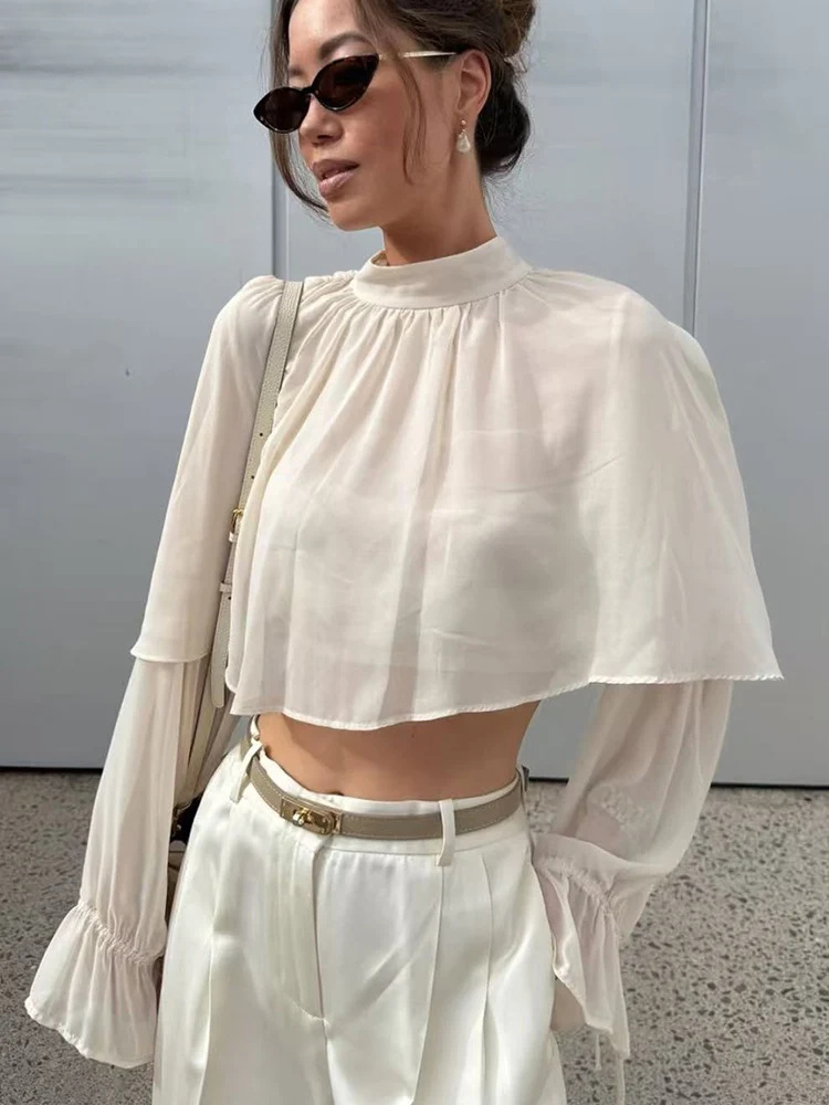 Elegant Women's Tierred Ruffles Blouse Chic Long Sleeve Loose Crop Shirt 2026 Spring New Chic Half High Collar Woman Solid Top