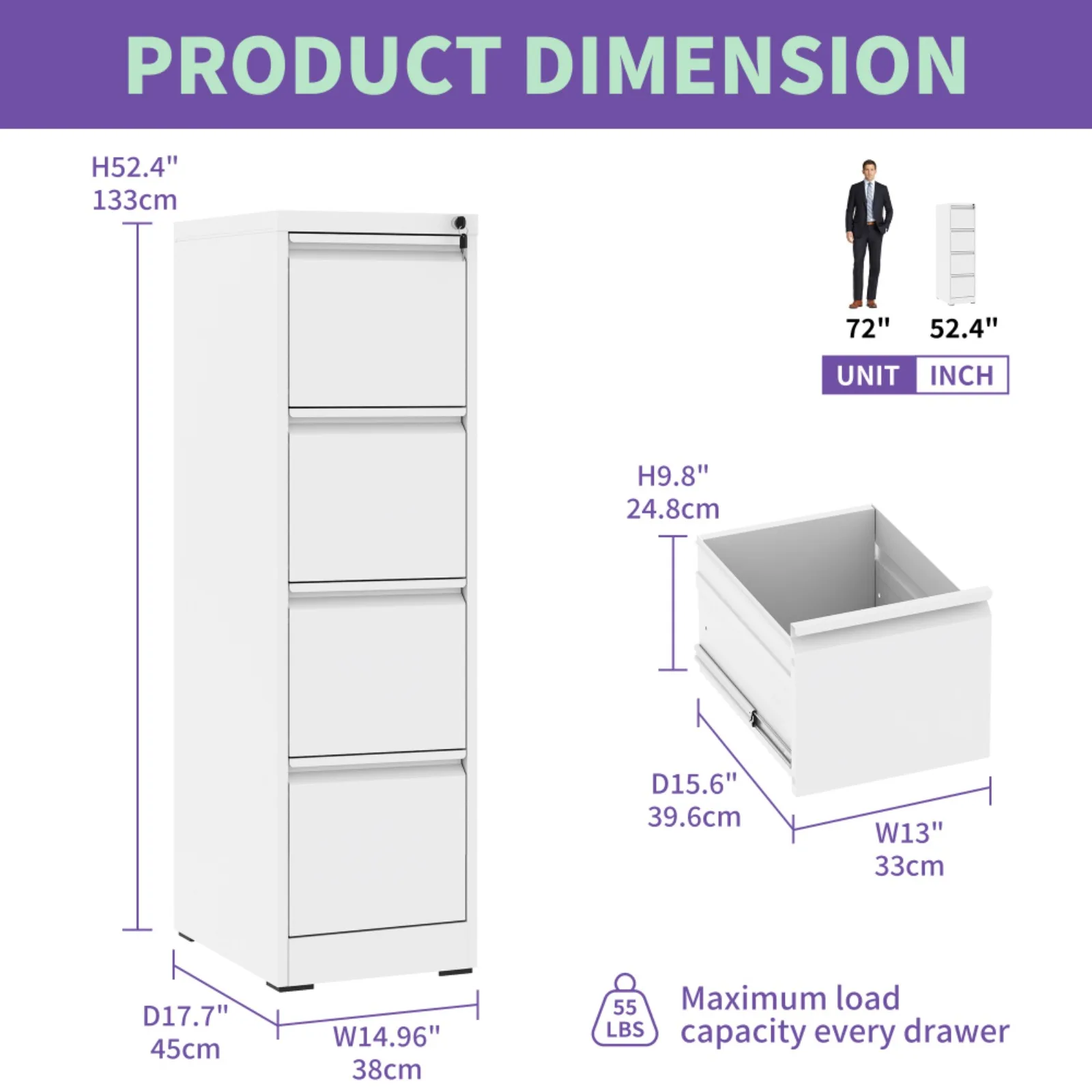4 Drawer Metal Vertical File Cabinet with Lock Office Home Steel Vertical File Cabinet for A4 Legal/Letter Siz 3