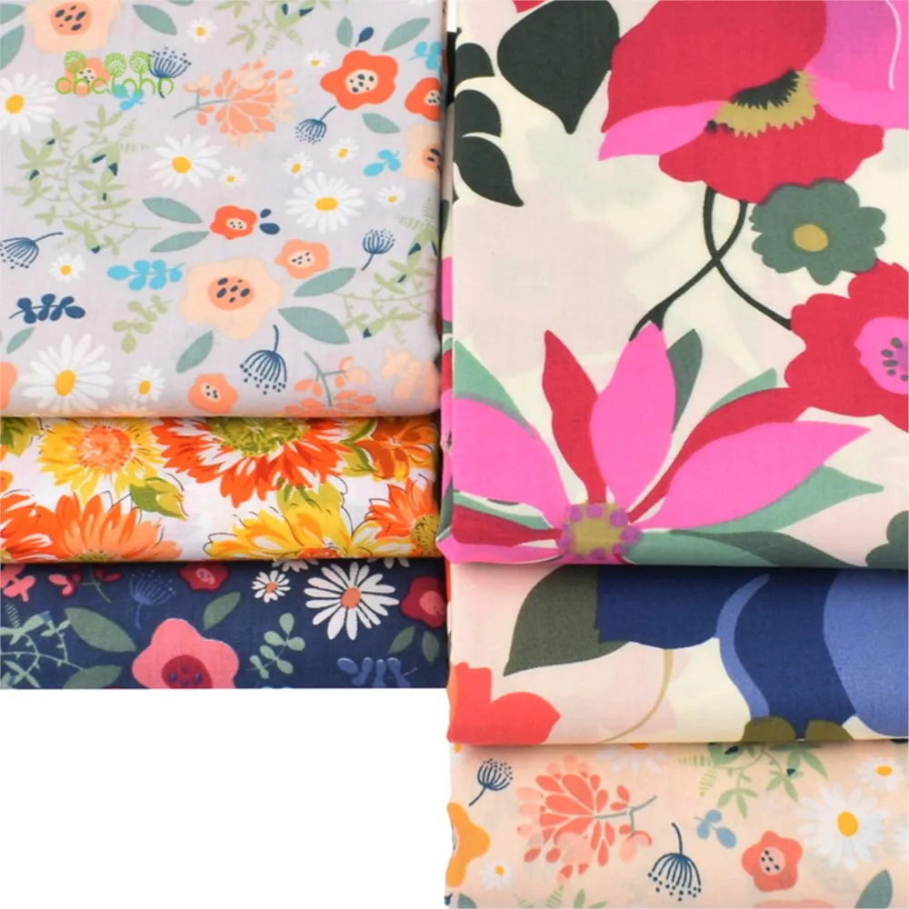 Chainho,Printed Plain Weave Poplin Cotton Fabric,DIY Quilting Sewing Material,Patchwork Cloth,Floral Series,3 Sizes,15PC90