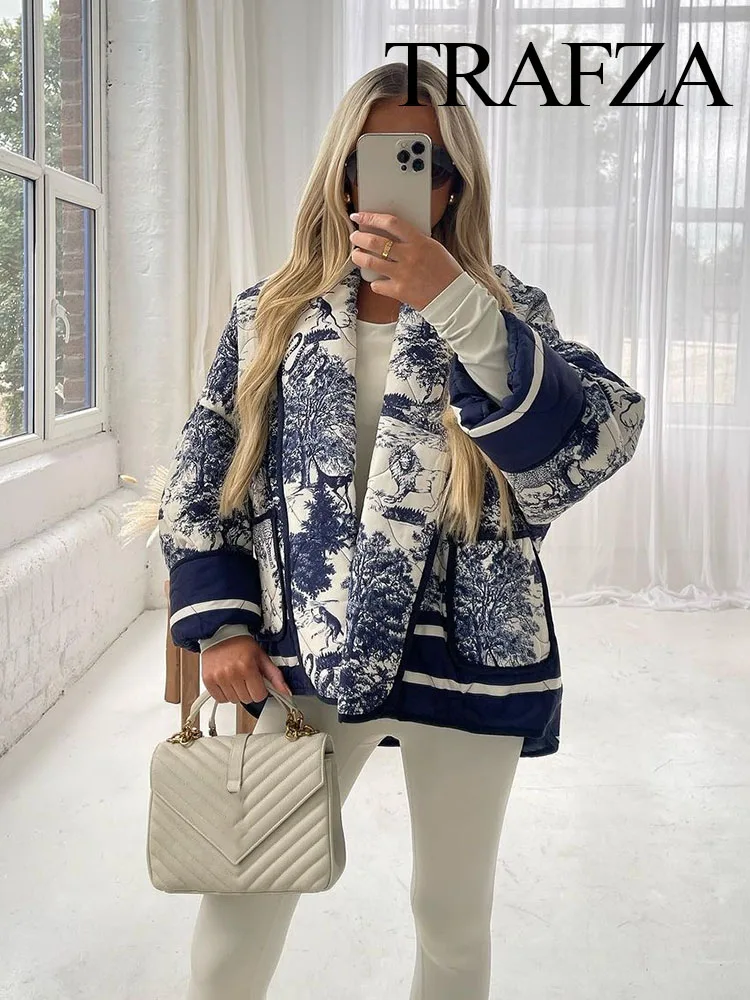 

TRAFZA Winter New Fashion Woman Padded Coat Warm Cardigan Streetwear Women Print Quilted Jacket Cotton Loose Lapel Pockets Coat