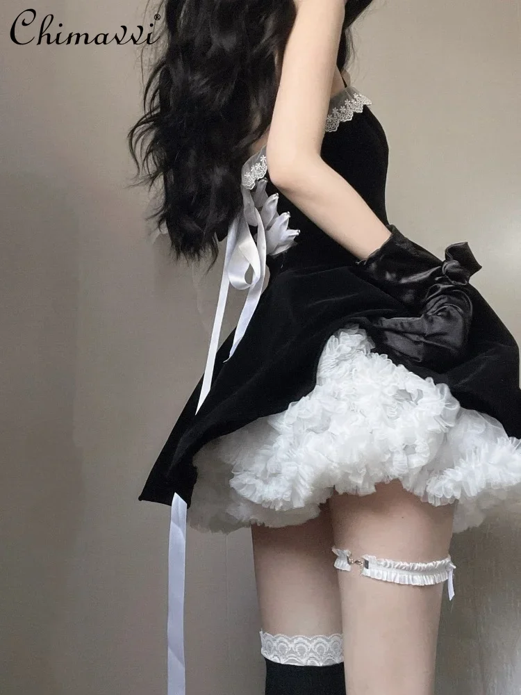 

Back Lace-up Sexy Dress for Women 2023 Spring and Summer New Black Hot Girl Velvet Halter Waist Dress
