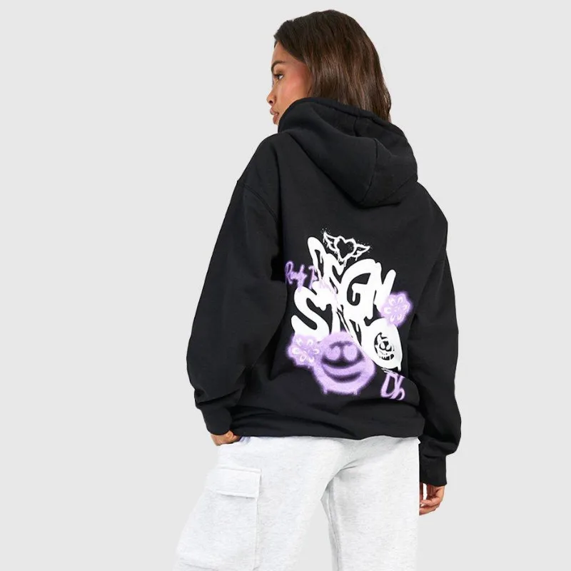 

Толстовка Y2K в стиле хип-хоп с принтом, удобный топ унисекс с капюшоном, темный повседневный черный Свободный свитшот с длинным рукавом