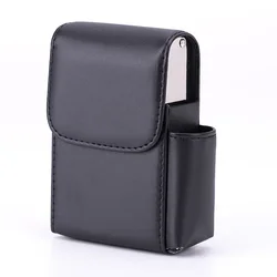 Compact PU Leather Cigarette Case with Lighter Holder and Waist Belt Pack (Black)
