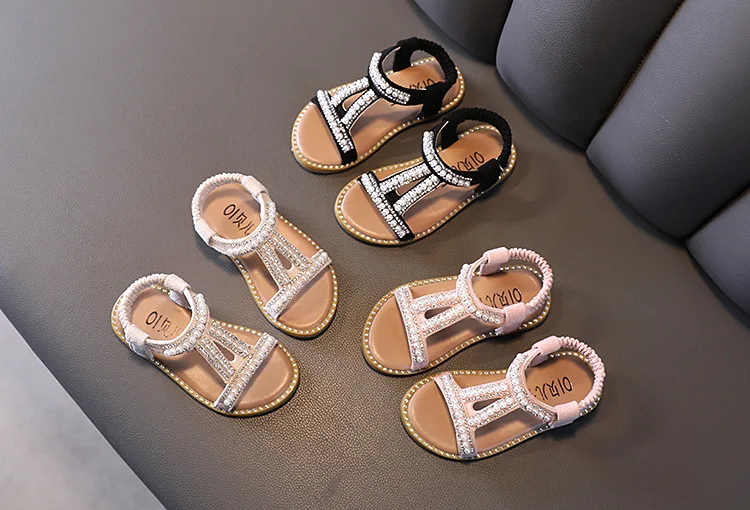 Fashion Girls Sandals Kids Summer Shoes 2022 Elegant Pearl Roman Party Princess Shoe Flats Non-slip Casual Baby Beach Sandals child shoes girl