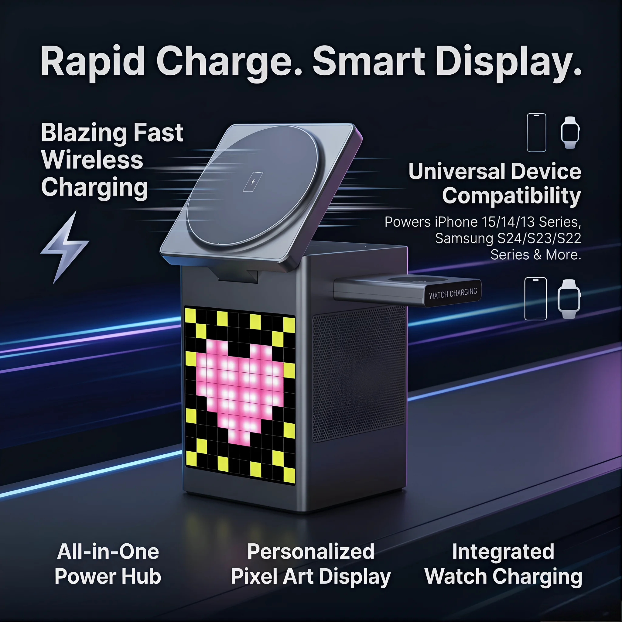 Magnetic 6-in-1 Fast Wireless Charger with Bluetooth Speaker, Digital Clock & Pixel Display, Compatible with MagSafe iPhone, App 5