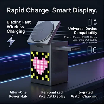 Magnetic 6-in-1 Fast Wireless Charger with Bluetooth Speaker, Digital Clock & Pixel Display, Compatible with MagSafe iPhone, App 5