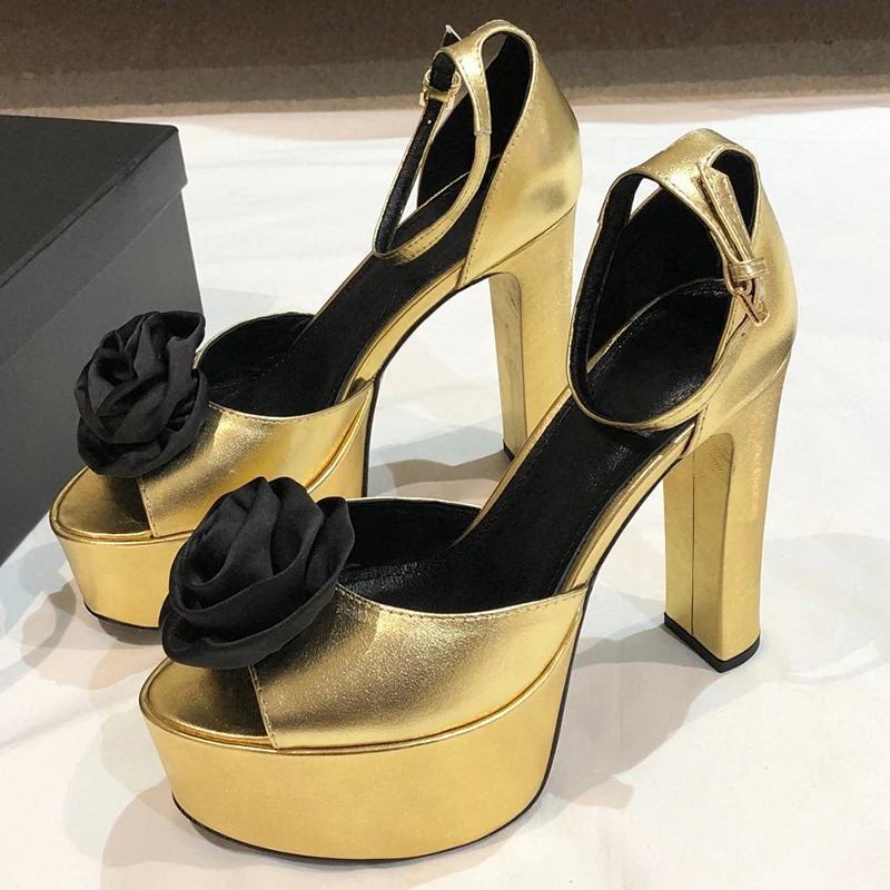 

Ladies High Heel Sandals Summer New Folded Handmade Flower Decor Platform Sandals Round Head Open Toe Banquet Female Pumps
