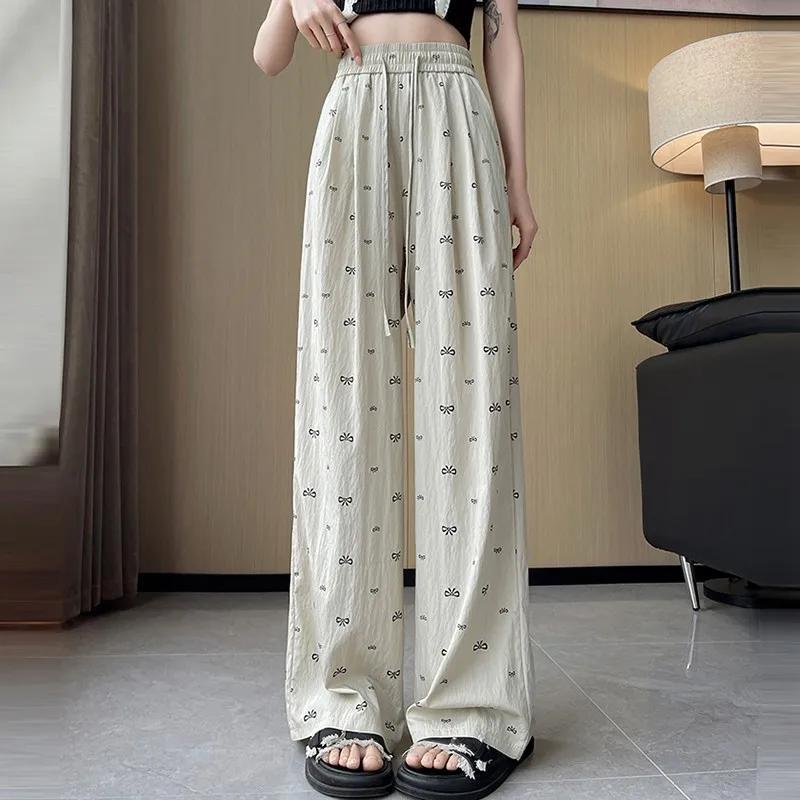 Women Summer Casual Trousers New Arrival 2024 Korean Style Bows Pattern Basics Loose Female High Waist Wide Leg Pants W1772