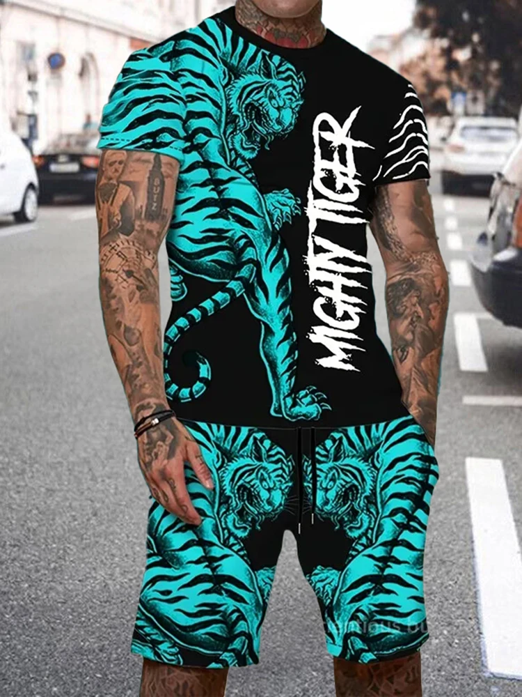 Casual Everyday Short Sleeve+ Shorts 2PCS Set Cool The Lion King 3DPrint T-Shirt +Drawstring Short Set Men's Camping
