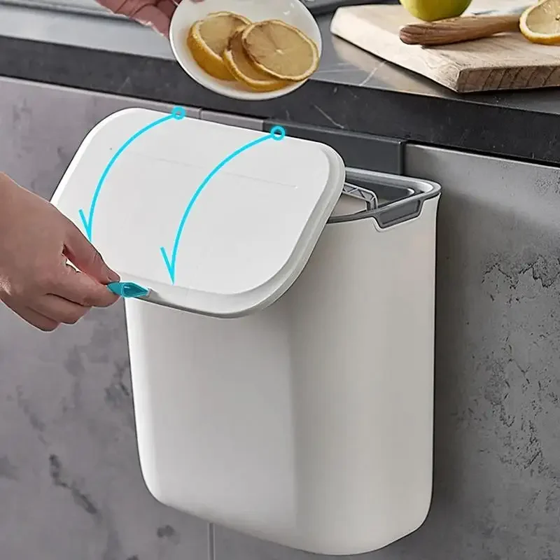 Wall Mounted Trash Can 7L/9L Lid Waste Bin Kitchen Cabinet Door Hanging Dustbin Garbage Trashcan Tools