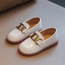 

2022 Spring New PU White Shoes Retro Low-heeled Shoes British Style Korean Style PU with Metal Soft Loafer Girls and Boys Shoes