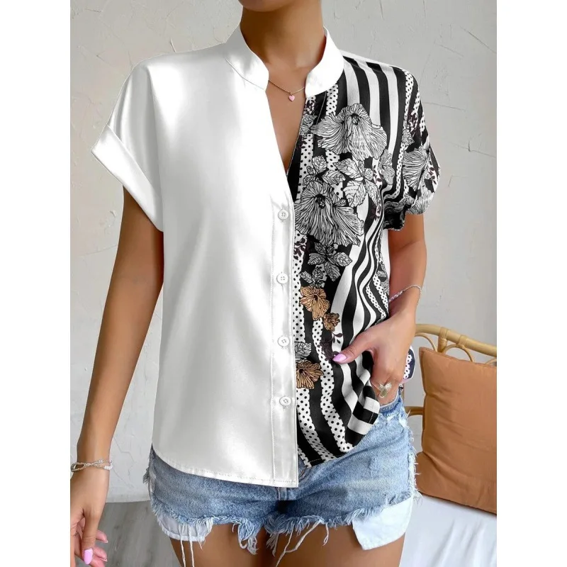 

2023 Women's Summer Women's New Basic Fashion Casual V-neck Double Contrast Floral Button Cardigan Short Sleeve Shirt Women