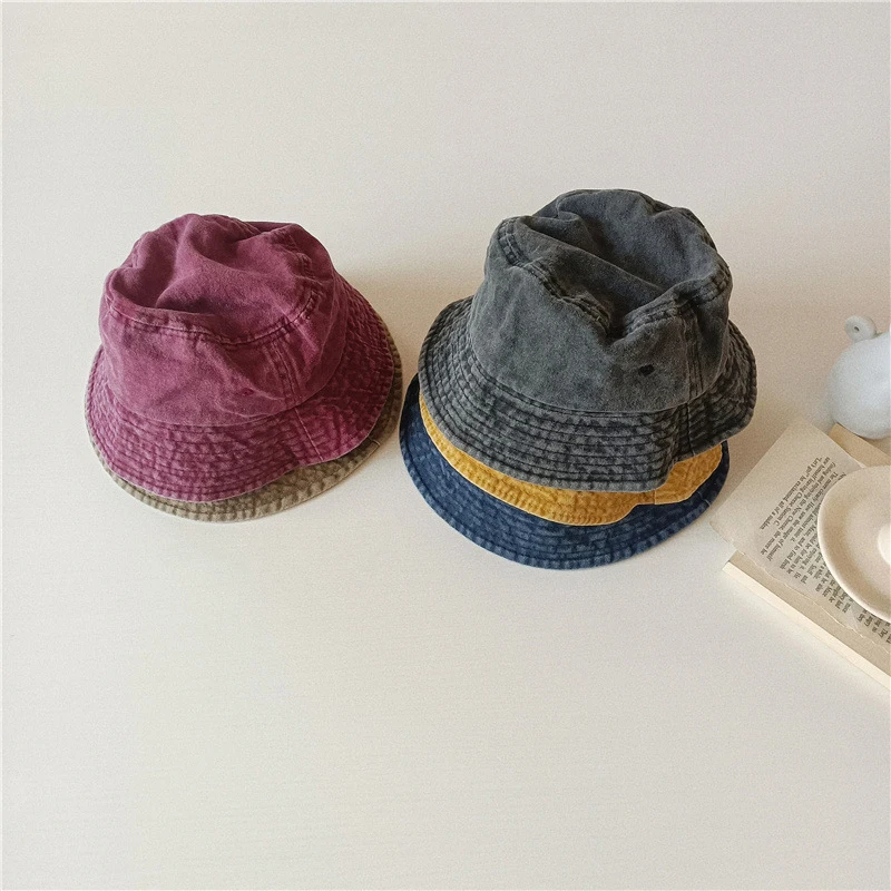 

Korean Style Retro Kids' Bucket Hat Cotton Solid Color Fashionable Boys' And Girls' Headwear Casual Basin Fisherman Hat 2-8Years