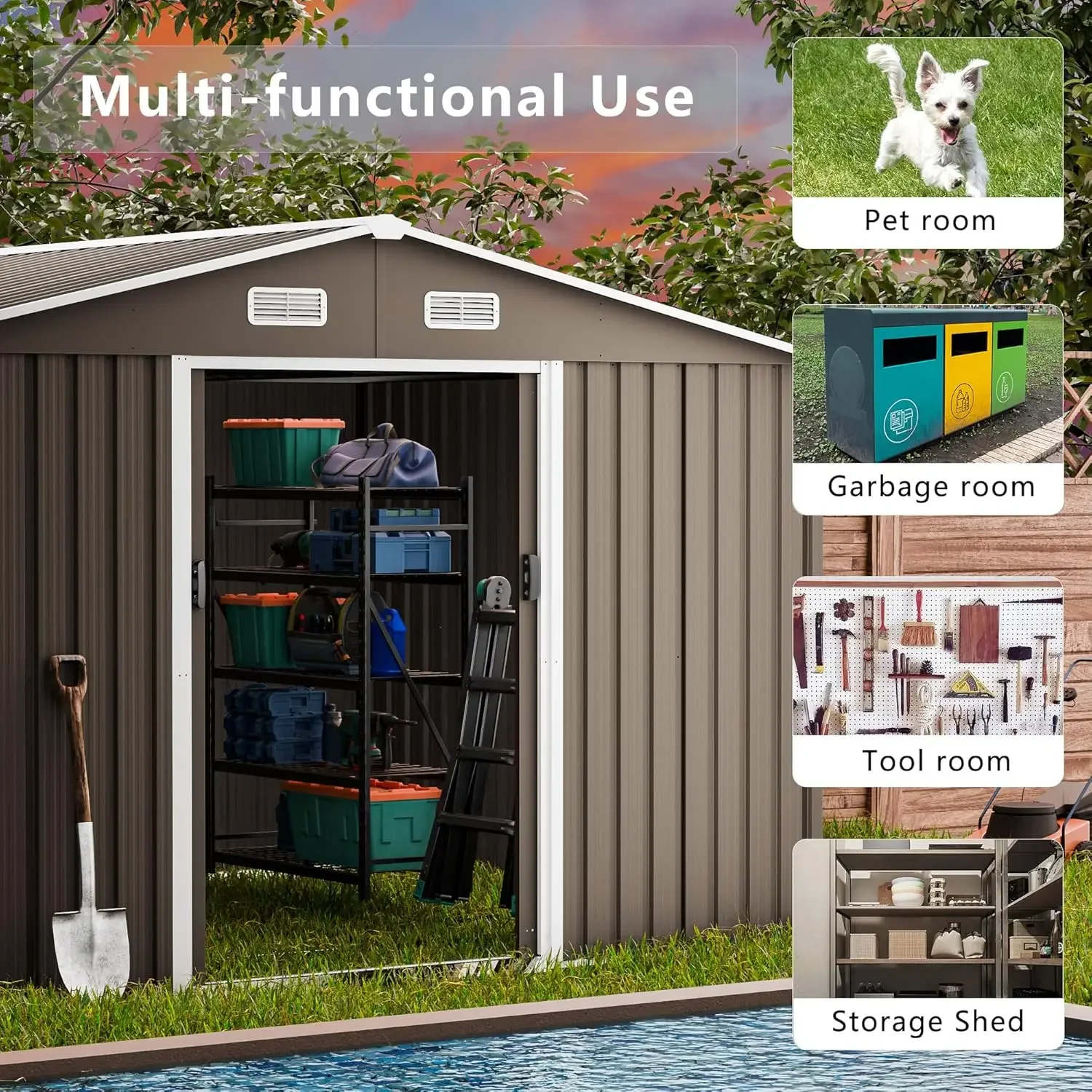 10'X8' Outdoor Storage Shed Metal Galvanized Tool Shed With Vents & Lockable Sliding Door,Waterproof Backyard Shed For