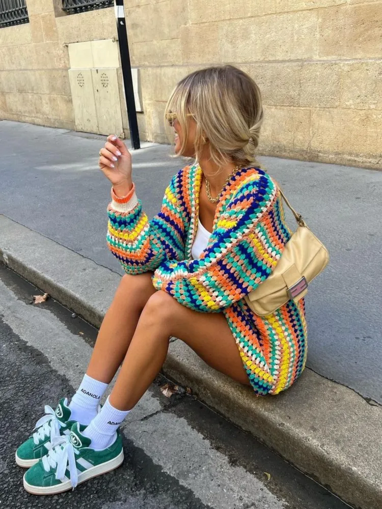 Colorful Striped Women Knitted Cardigan Fashion Rainbow Color Long