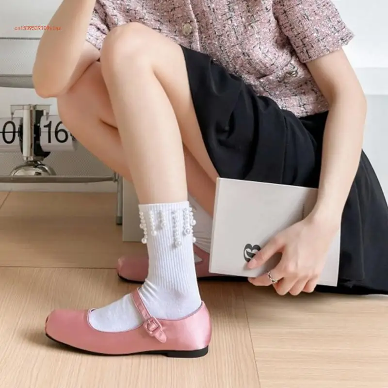 

Женские хлопковые носки с жемчугом, носки выше щиколотки, носки в стиле Лолиты, свободные носки