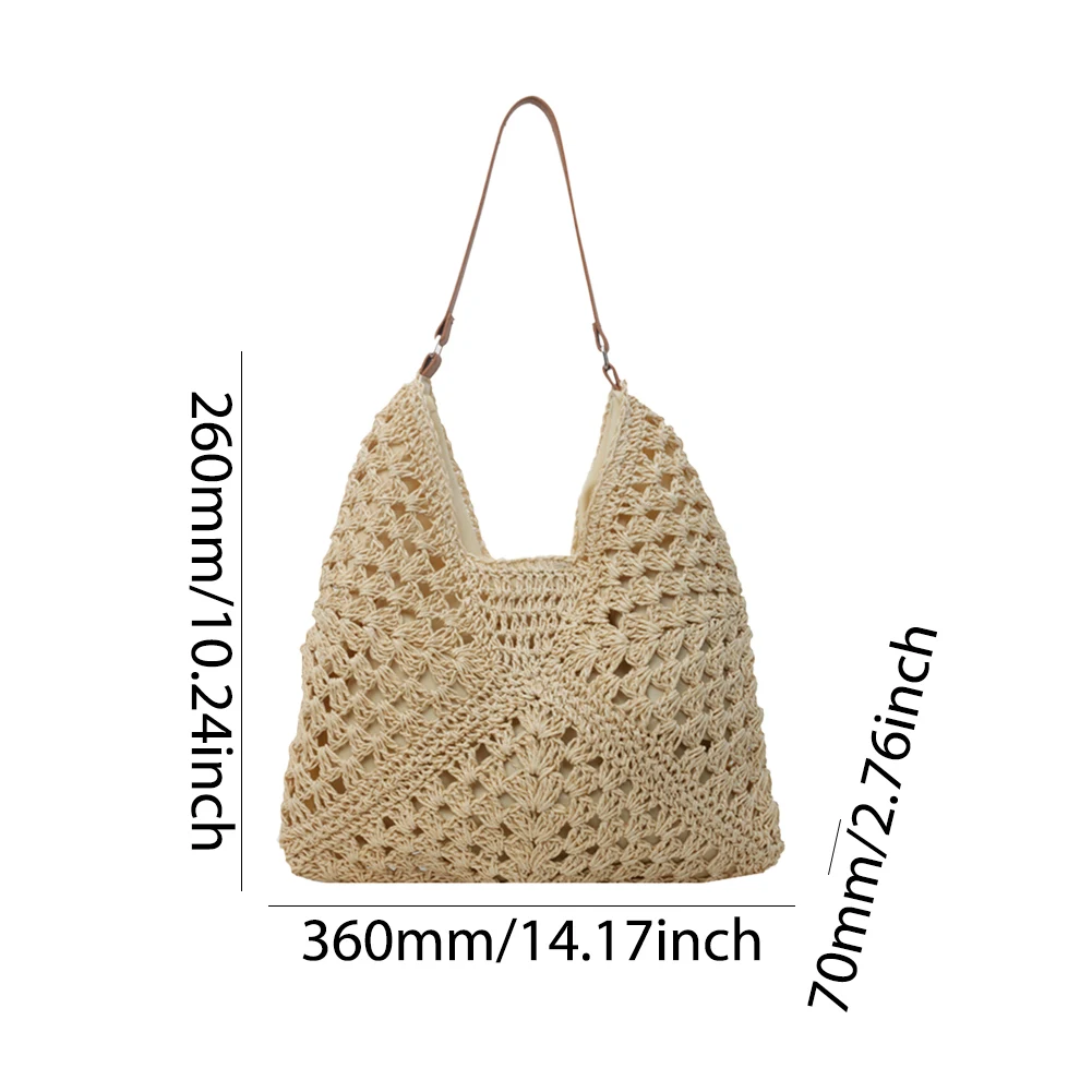 Summer Straw Bag Hollow Out Beach Shoulder Bag Large Underarm Bag Solid Color Holiday Travel Handbag Boho Shoulder Purse