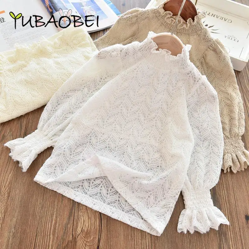 Spring Girls Lace Shirts White Long Sleeved Bottoming T-Shirt Kids High-Neck Punching Blouse Tops Children's Clothing Pullover