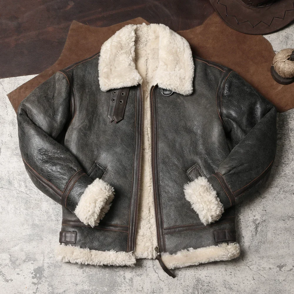 

Original Ecological B3 Sheepskin Fur Integrated American Retro Flying Suit Leather Jacket Winter Warm Motorcycle Fur Jacket