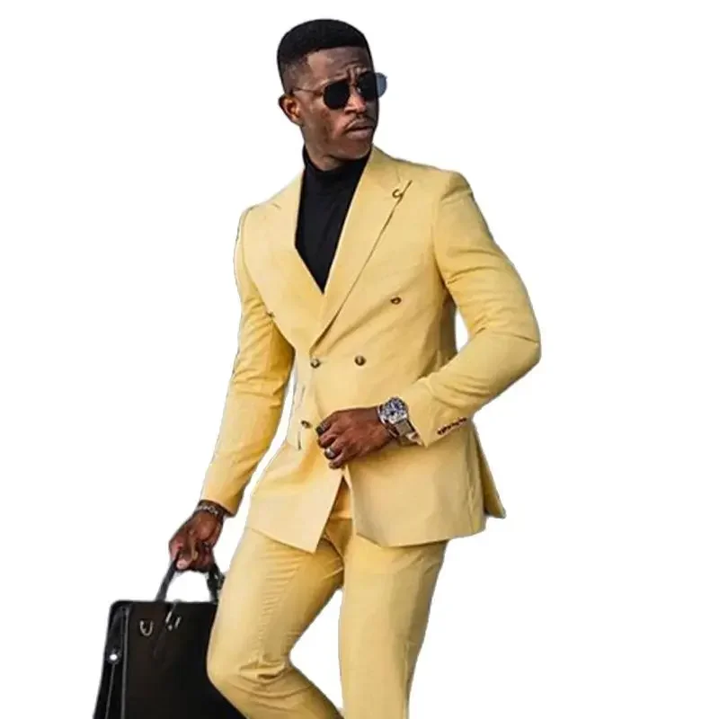 2024 Fashion Yellow Business Suits For Men Double Breasted Slim Fit Blazer Hombre High Quality Custom 2 Piece Set Costume Homme