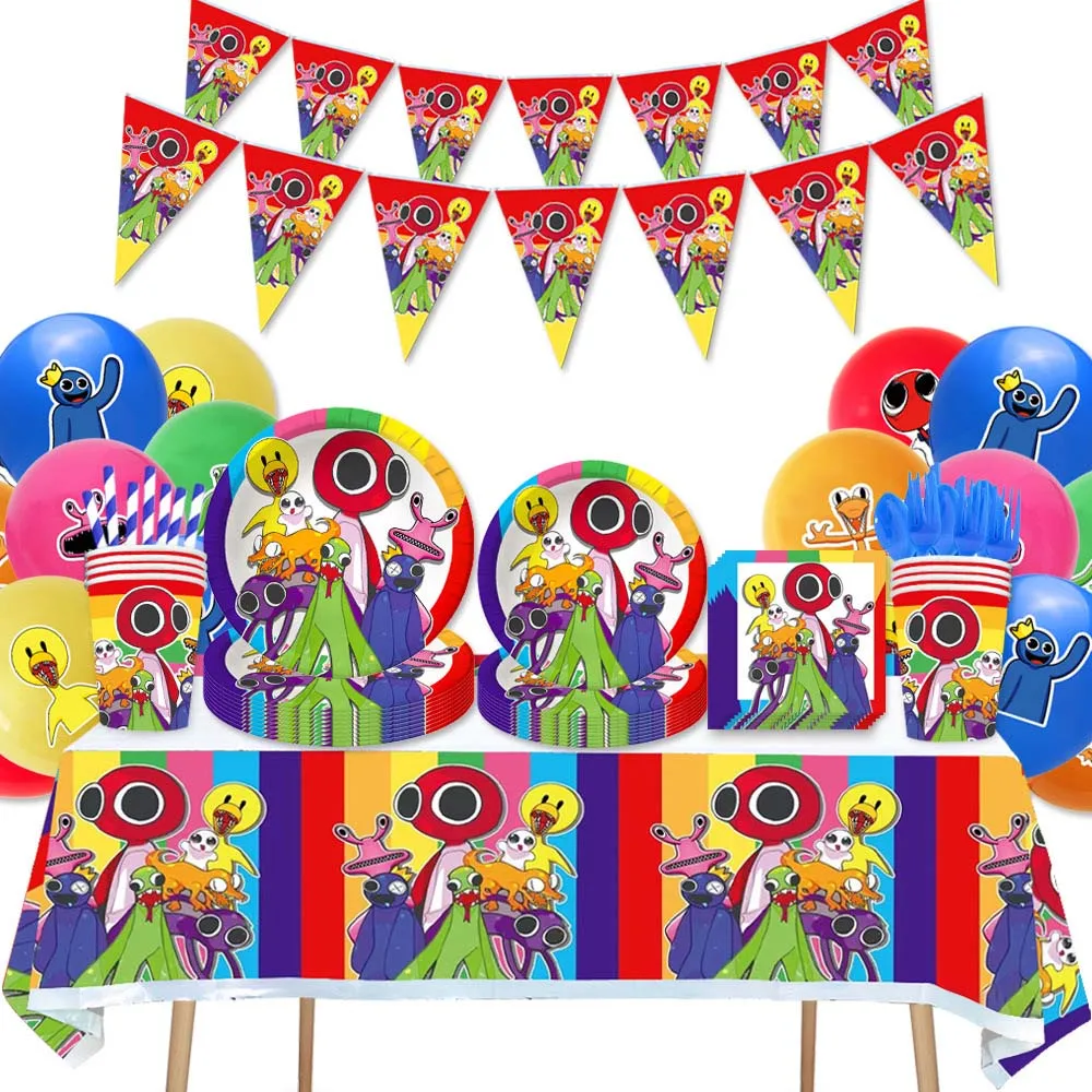 Birthday Party Supplies Rainbow Friends Cartoon Latex Foil Balloon Set Disposable Tableware Banner for Kids Party
