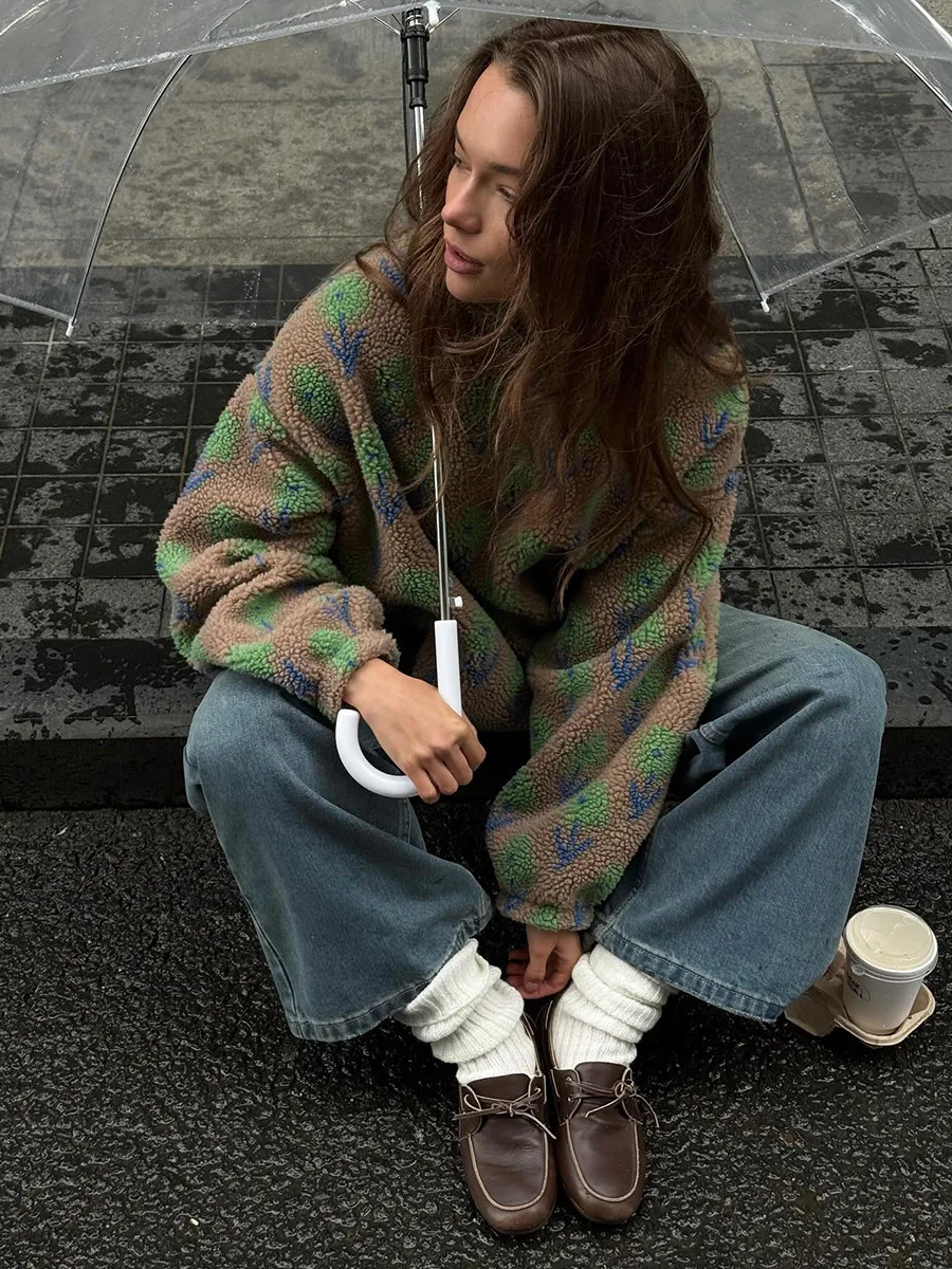 Bornladies Women's Autumn Winter New Fleece Jacquard Sweatshirt Half Zip Loose Hoodies High Neck Sweatshirt