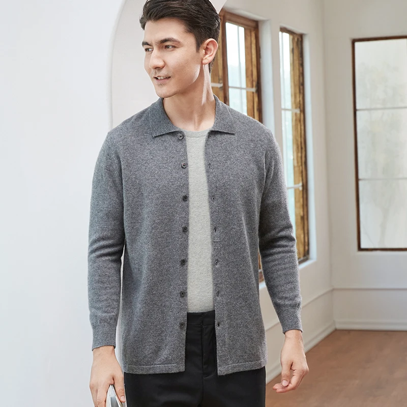 

Knitted Cardigan Men's POLO Collar 100 Pure Wool Knitted Jacket Men's Spring And Autumn Bbusiness Casual Sweater Slim Long Sleev