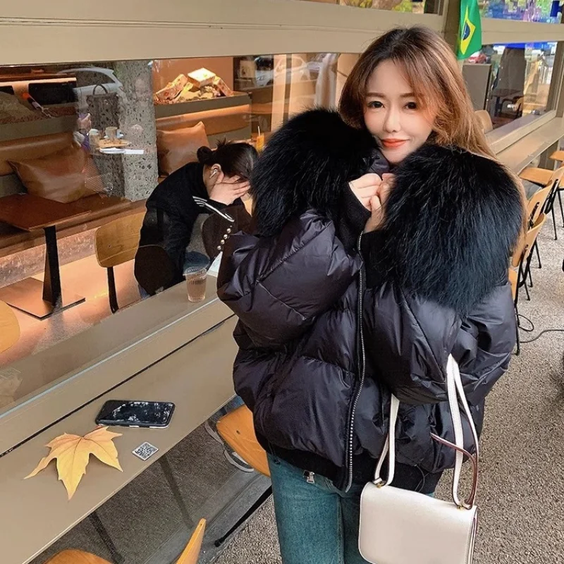 Women Thickened Short Coats Winter Oversized Raccoon Fur Collar White Duck Down Jackets Hooded 2023 Loose Street Trendy Clothing