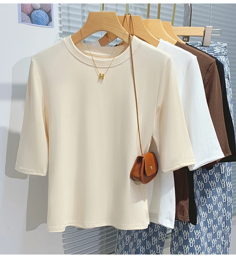 Cotton Womens Crew Neck T-Shirt - Summer Short Sleeve Basic Top