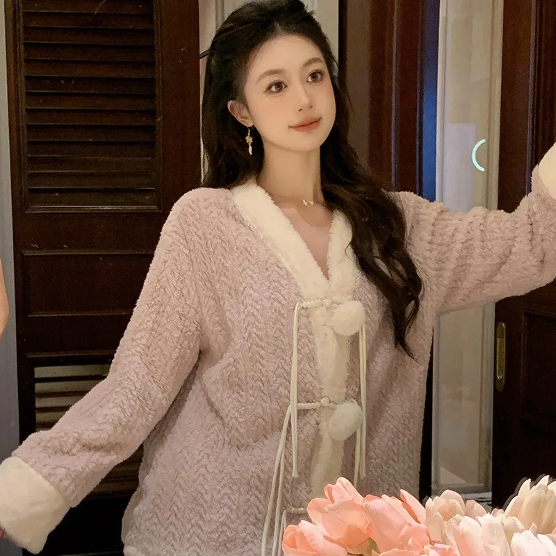 SXTHAENOO 2024 Women Casual Warm Sleepwear Home Suits Ladies Minimalism Thickened Flannel Sleep Wear New Winter Thick Pajamas