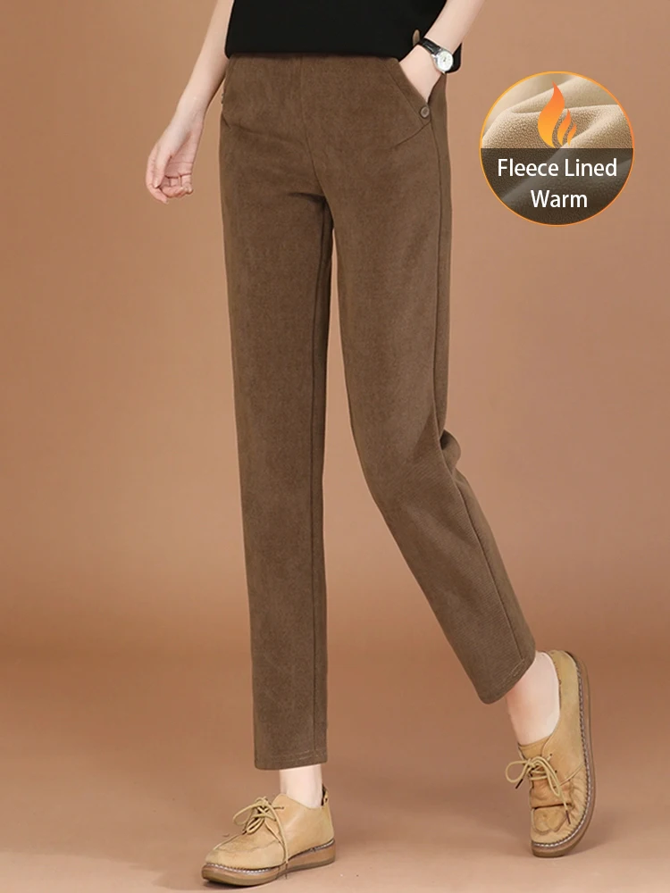 

HCXR Women Pants 2023 Winter Retro Versatile Elastic Waist Solid Harem Pant Casual Loose Commuter All-match Fleece Lined Trouser